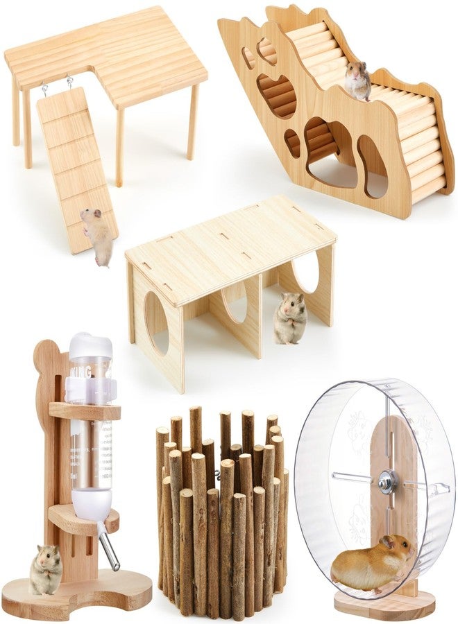 Sonwyoung 6 Pcs Hamster Toys Set, Maze Wood House, Climbing Ladder Wooden Bridge Tunnel Toy Platform Silent Exercise Running Wheels and Water Bottle Set for Rat Guinea Pig Habitat Cage(Basic) - Image 1